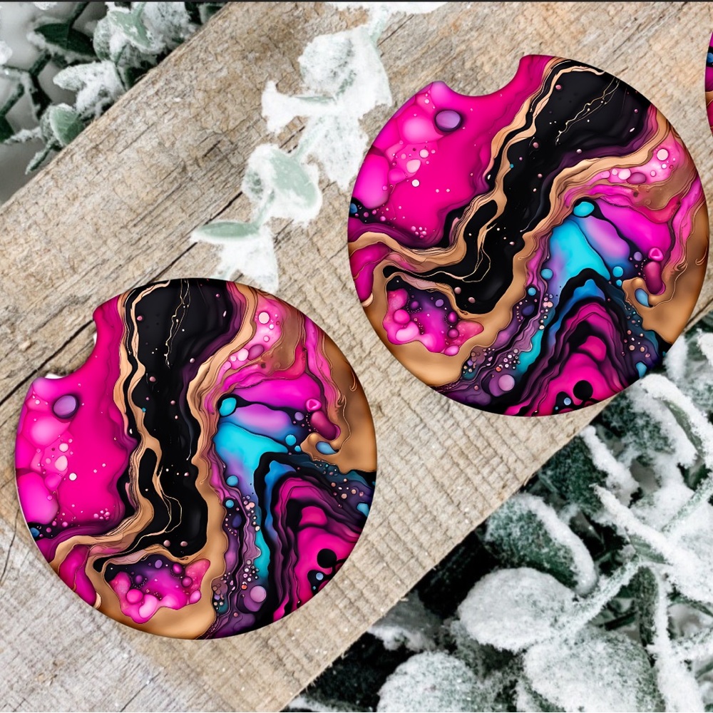 Handmade Pink Marbled Car Coasters | New Set Of Two Sublimated Car Coast…